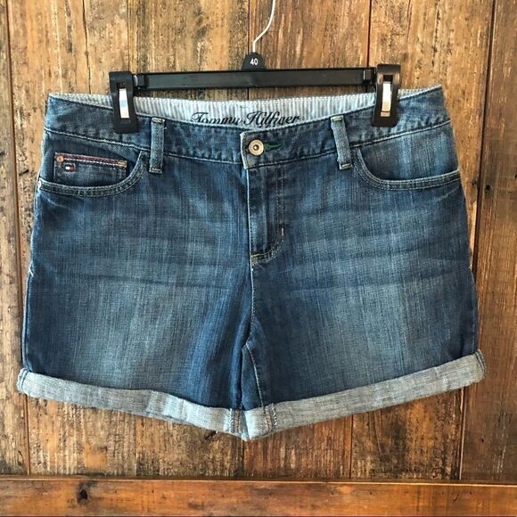 Tommy Hilfiger 10 Blue Denim Roll-up Cuff Cotton Shorts - Picture 2 of 8